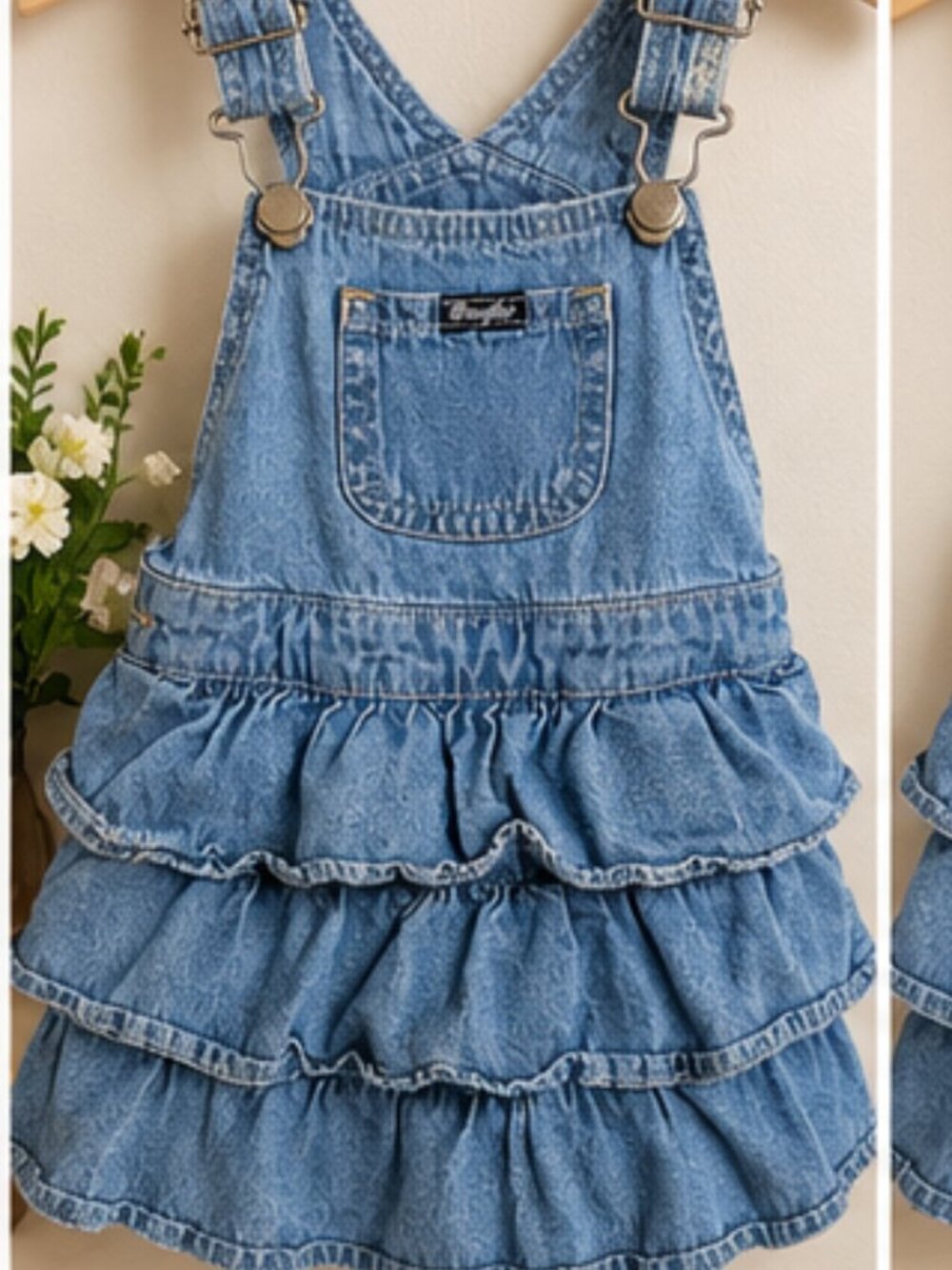 Wrangler Girls Denim Overall Dress Ruffle Tiered Jean Jumper